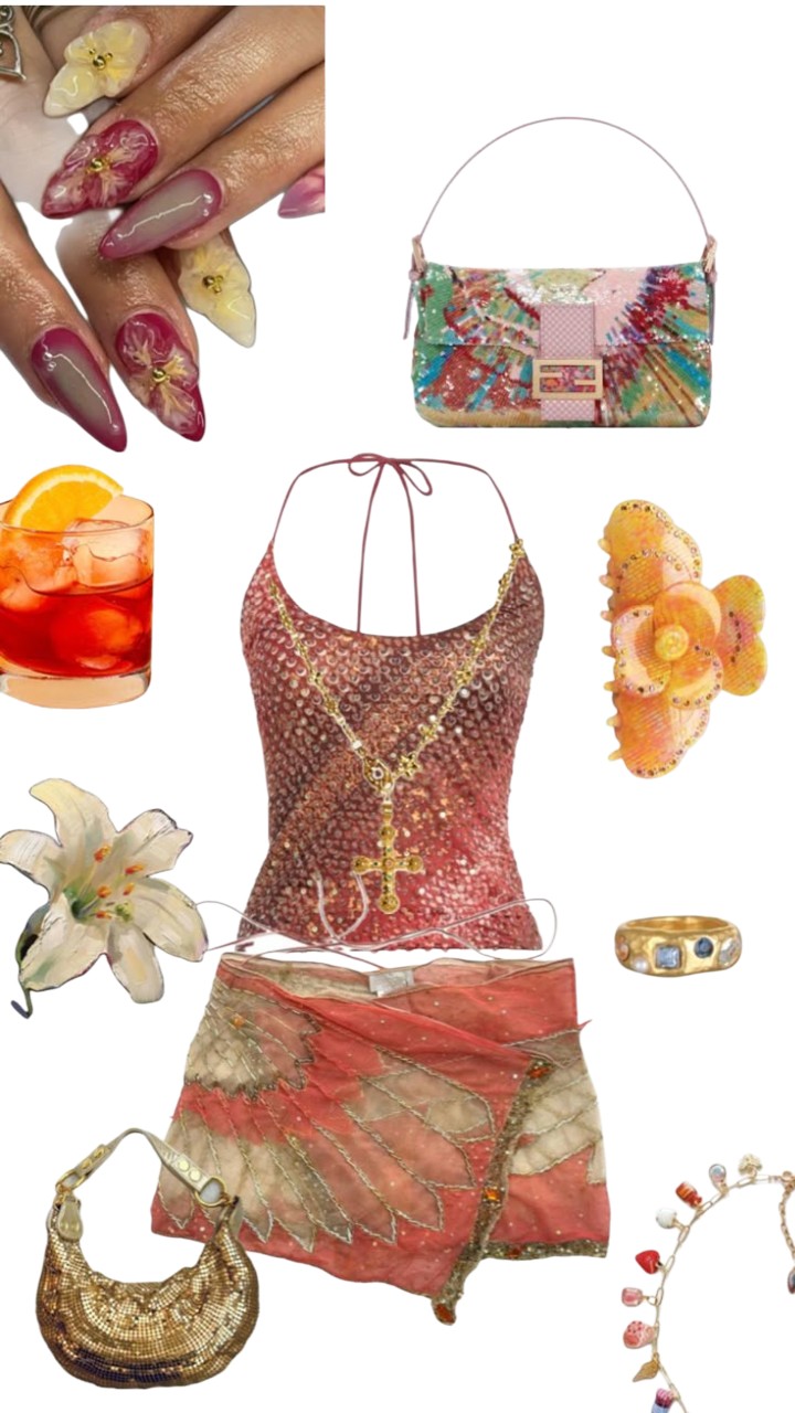 A orange top, skirt, gold bag, fendi bag, matching nails, aperol spritz decal, flower decal, and gold jewelry