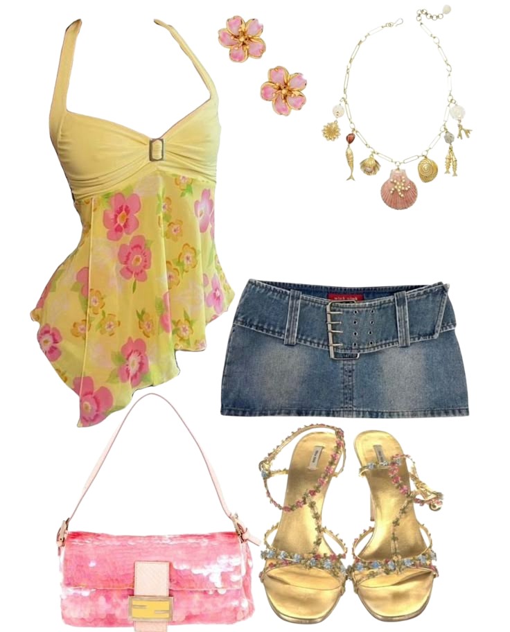 Girls night out outfit consisting of yellow floral and denim mini skirt