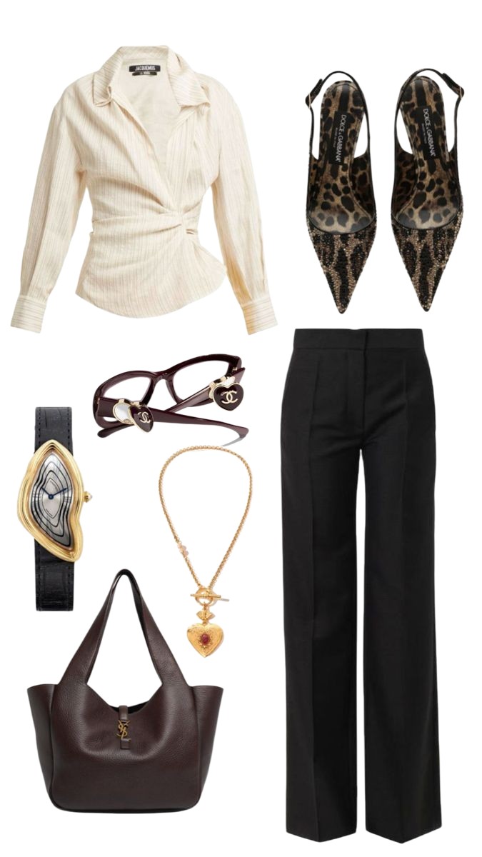 Corporate business aesthetic outfit consisting of a fitted long sleeve blouse, black pants, and kitten heels