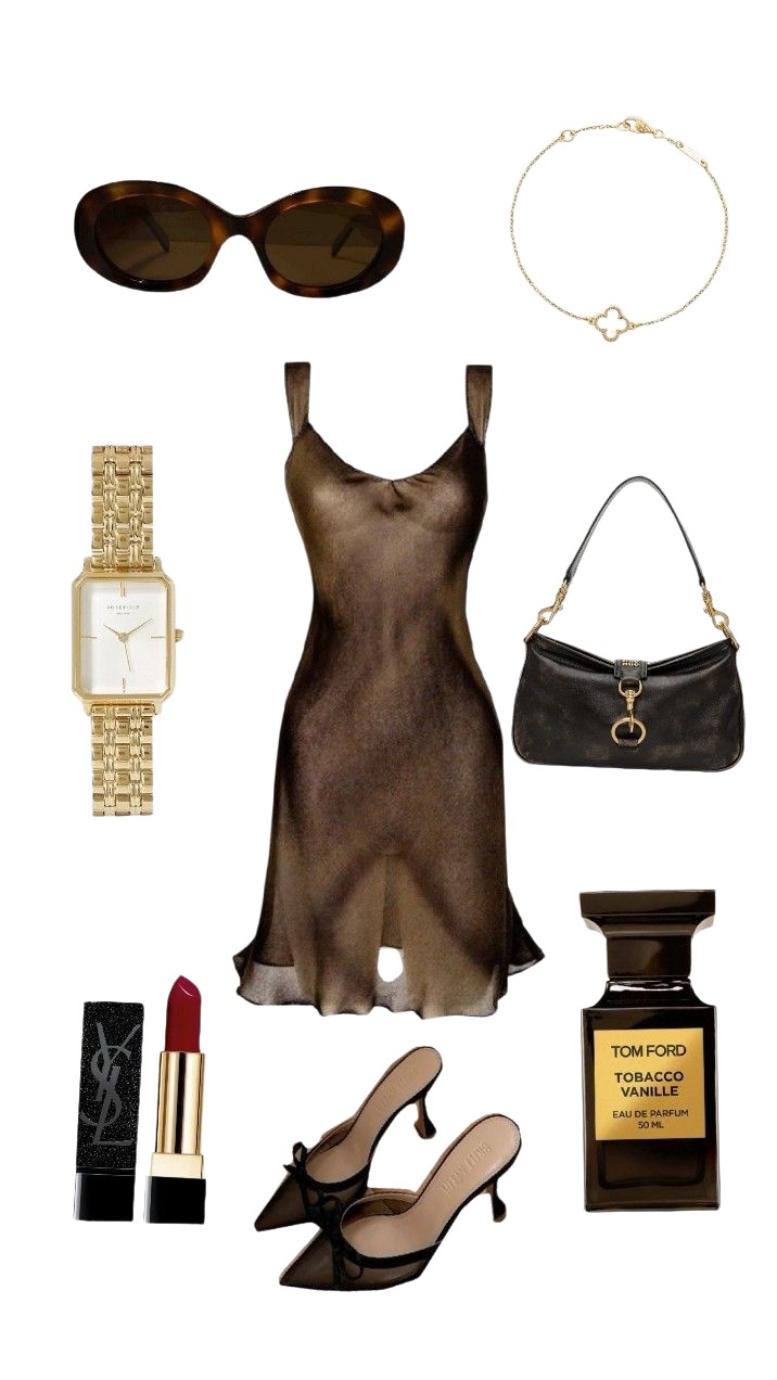 Date night outfit consisting of a brown mini dress, kitten heels, gold watch, and red lipstick