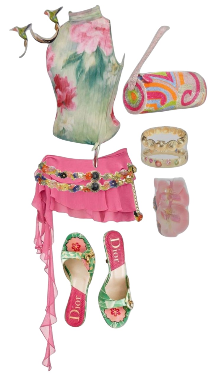 Clubbing outfit consisting of a blue and pink floral top, pink mini skirt, multicolor chain belt, and kitten heels