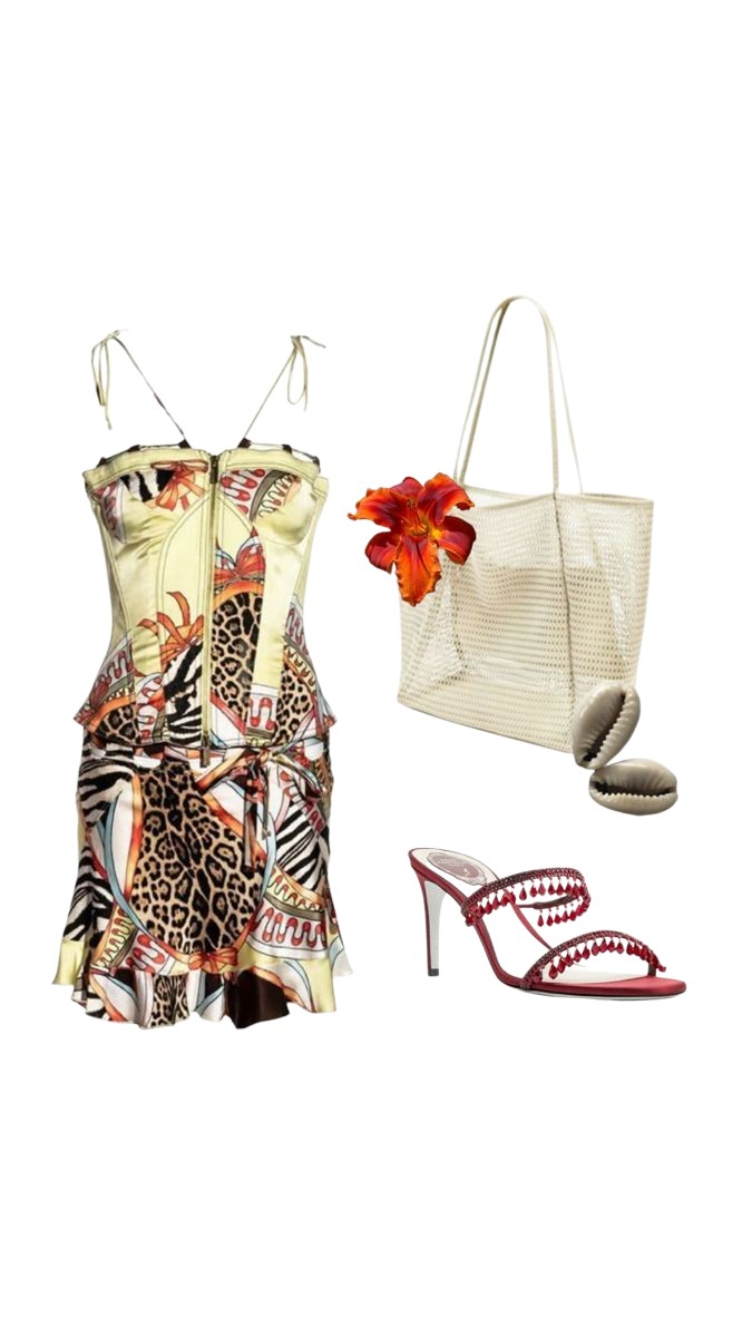 Yellow cheetah dress with knit bag and red shoes
