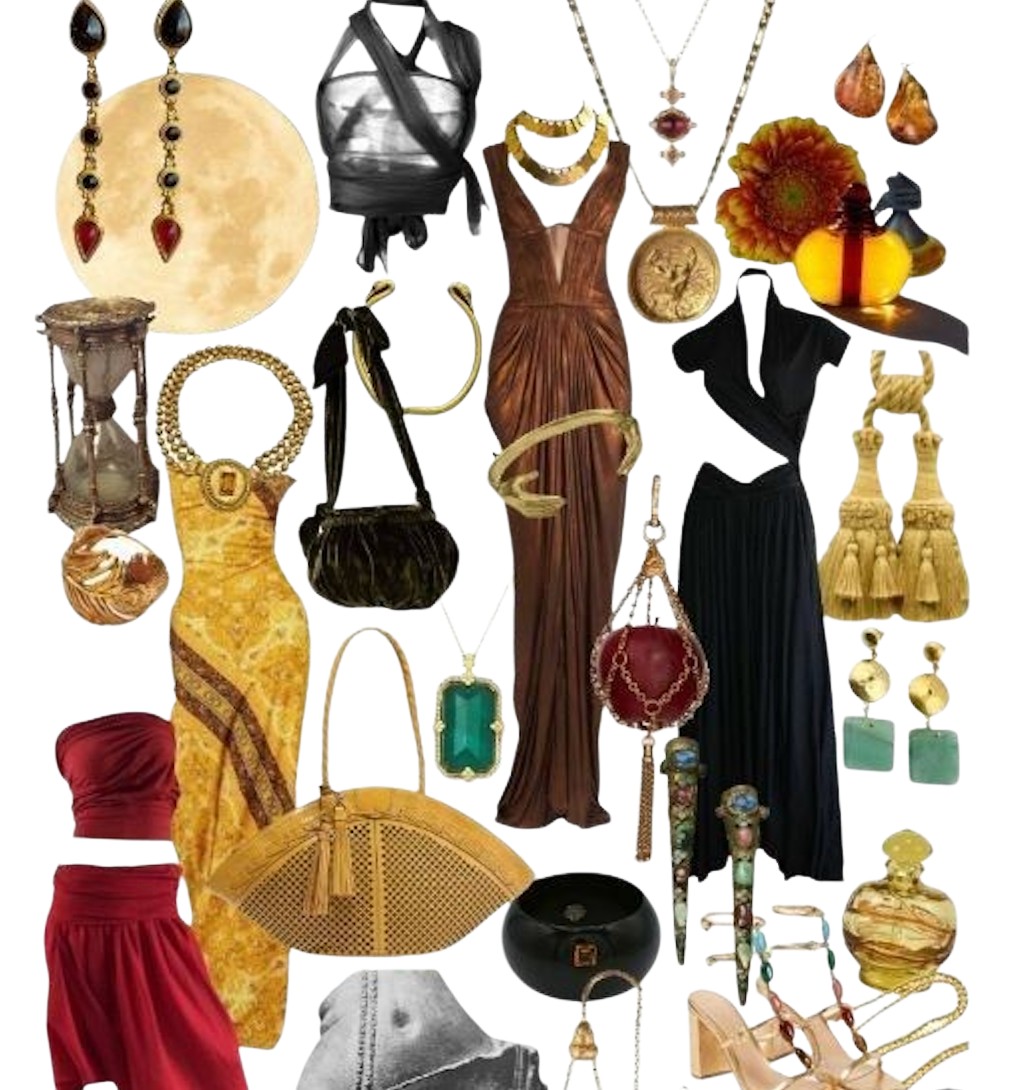 An assortment of outfits, accessories, and gold colorful jewelry