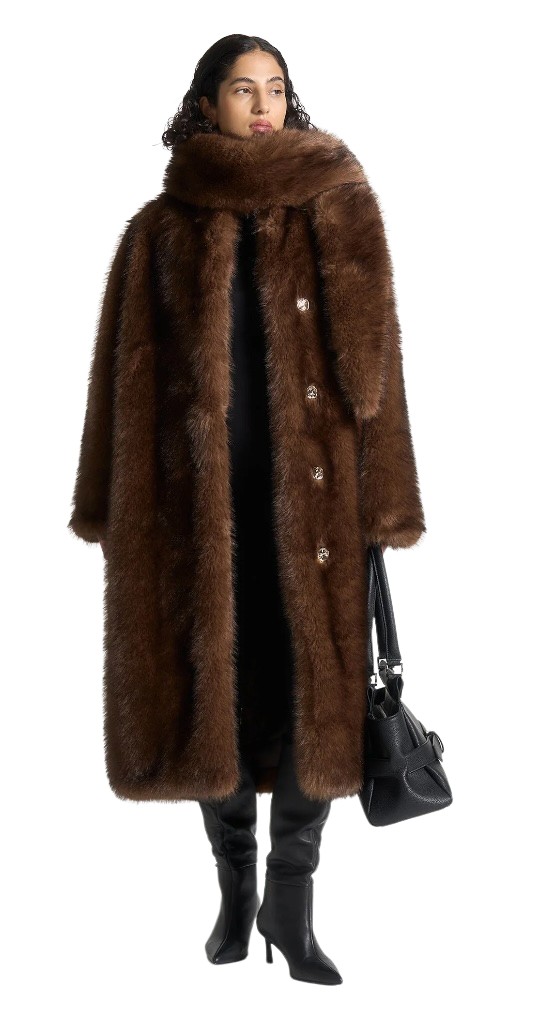 Maniere de Voir brown oversized coat with scarf, black heel boots, and black purse