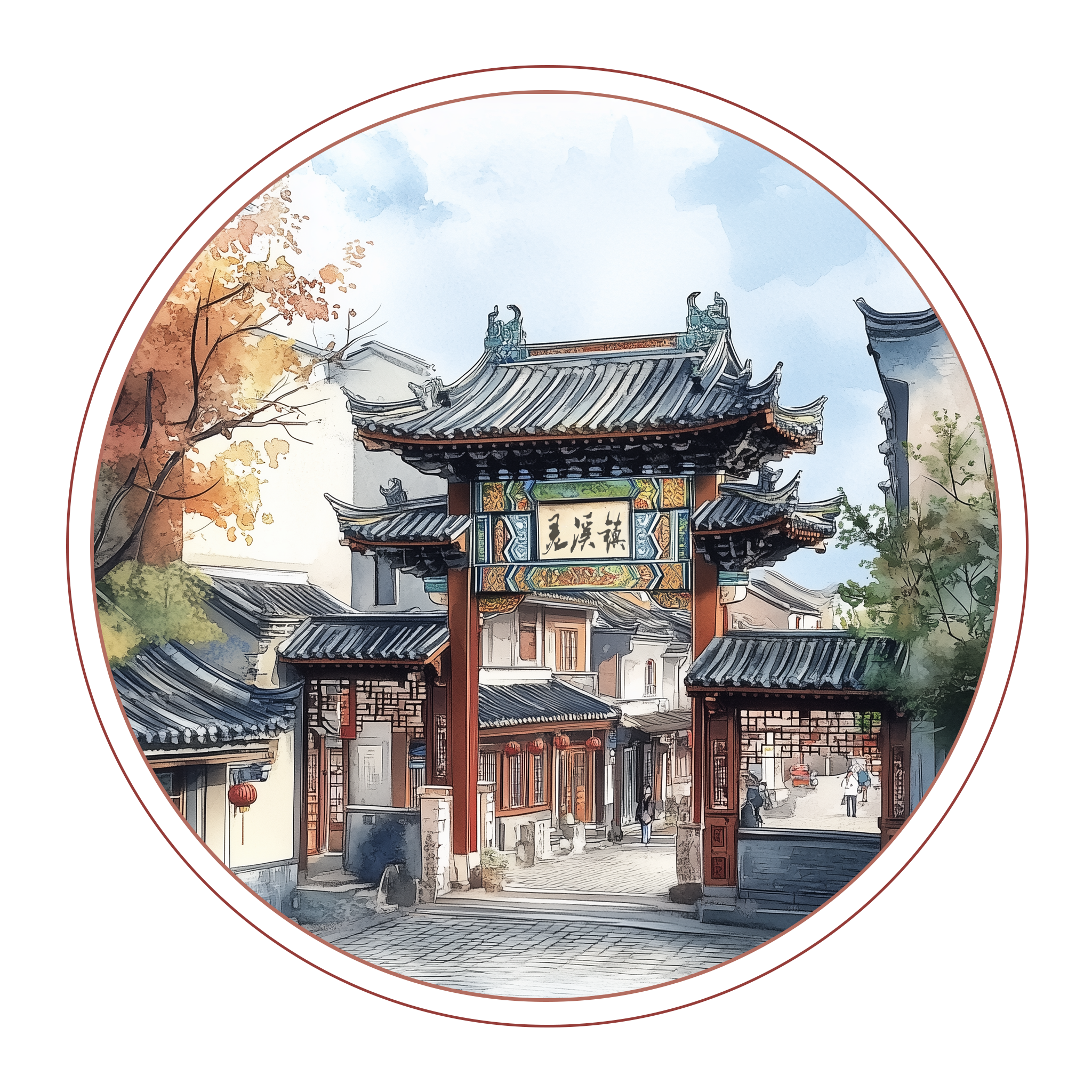 a circle with the painting of lingxitown as a whole, meanwhile it is traditional chinese style